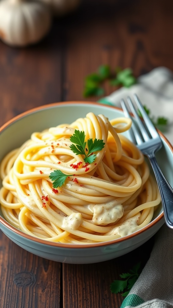 Creamy garlic white sauce pasta garnished with parsley and red pepper flakes on a rustic table.